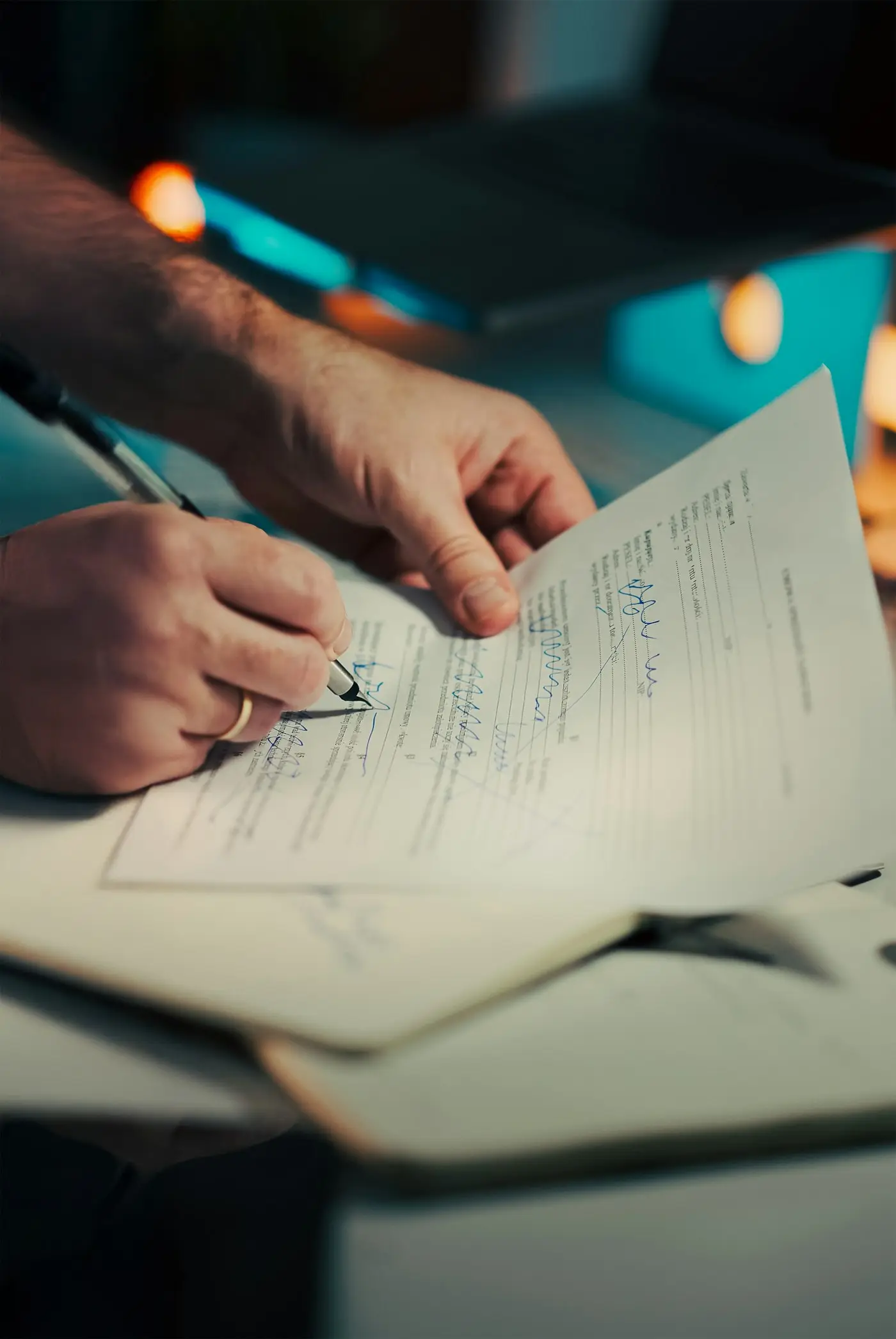 Hands signing a dense contract document